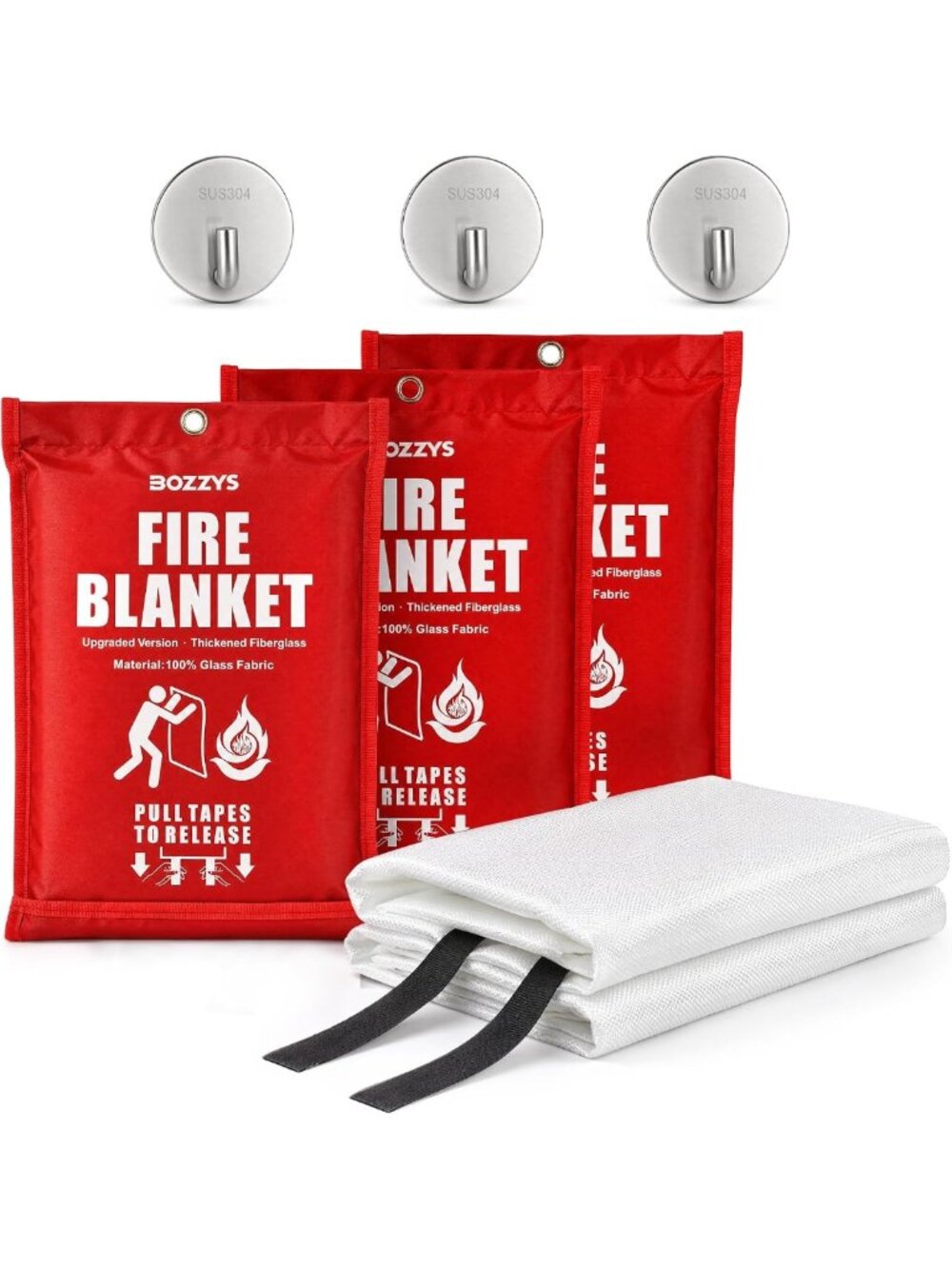 Emergency Fire Blanket Set, 60"x60", 3-Pack with Hooks for Home & Kitchen Safety